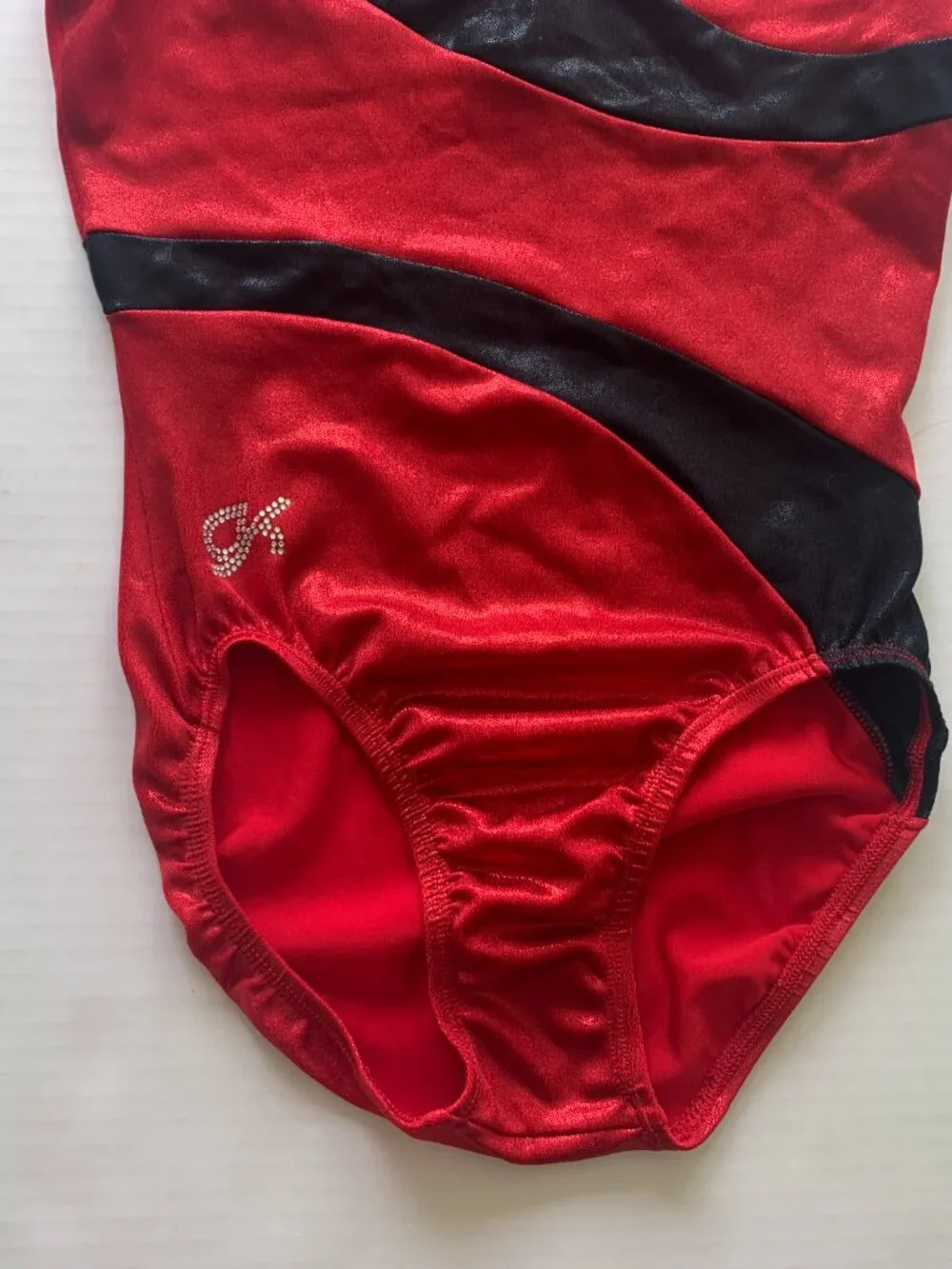 GK Elite Girls Youth Medium Red Black Metallic Gymnastics Leotard Rhinestone